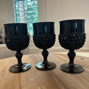 Set of Three Vintage Diamond Point Black Indiana Glass Water Stemmed Goblets